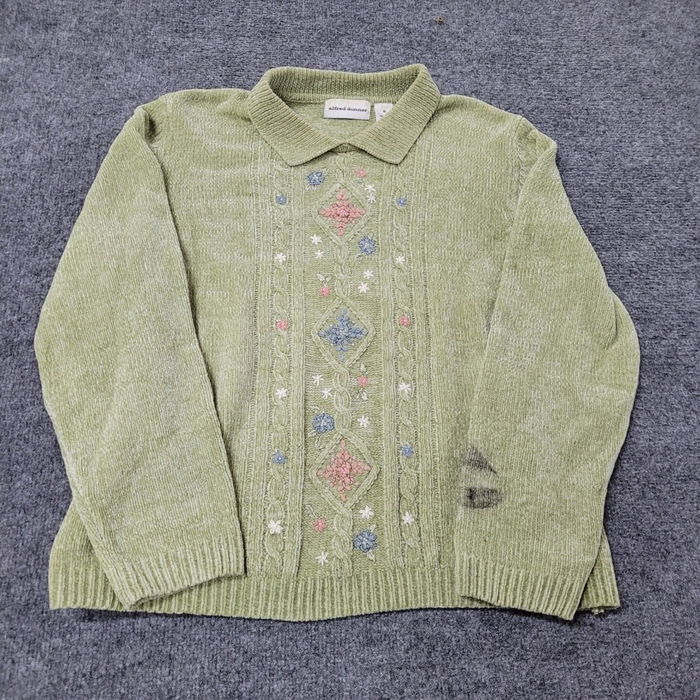 Alfred Dunner Sweater Womens XL Green Chenille Floral Embroidered Collar Stains